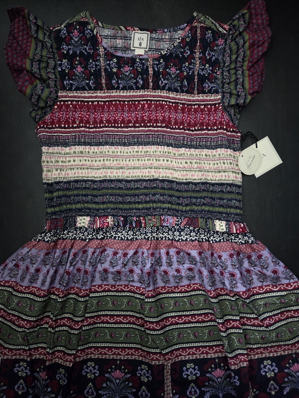 NWT - LEA Cotton Flutter Sleeve Smocked Bodice Variegated Print Midi Dress -Sz M - Picture 5 of 11